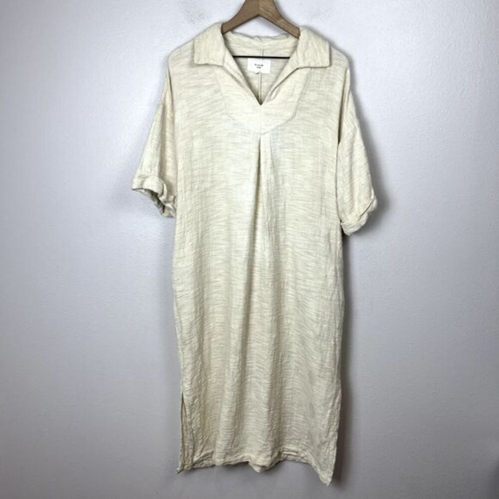 AMENTE Lagenlook Midi Dress Size M/L‎ Linen Cotton Oatmeal Beige Relaxed Pockets